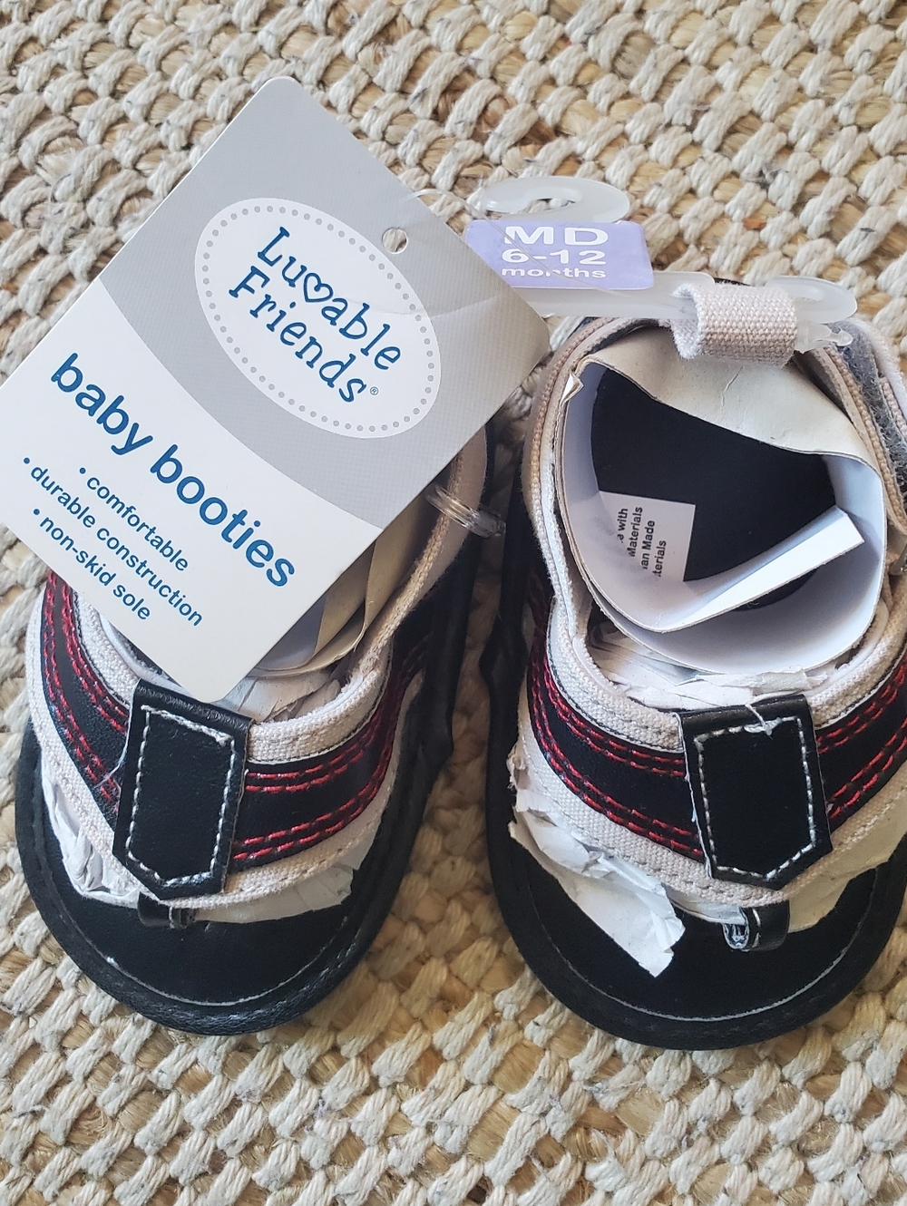 6-12 Month Luvable Friends Baby Booties in White, Black & Red Trim